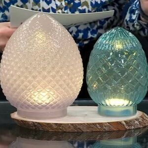 2 Large Elegant LED Illuminated Glass LIGHT UP Quilted Decorative Eggs EASTER